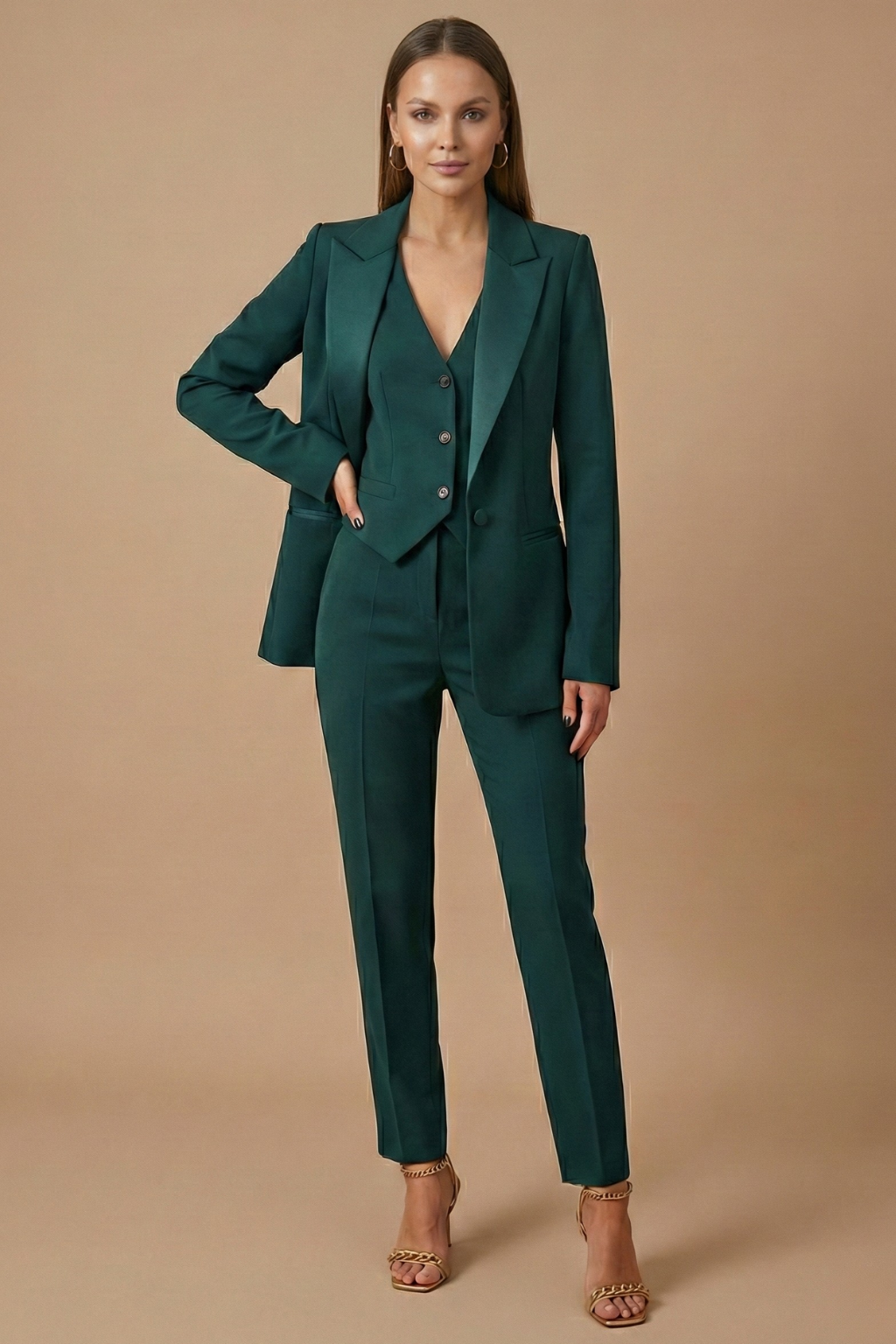 Women’s Three-Piece Tailored Suit with Single-Breasted Blazer Buttoned Waistcoat and Slim Trousers