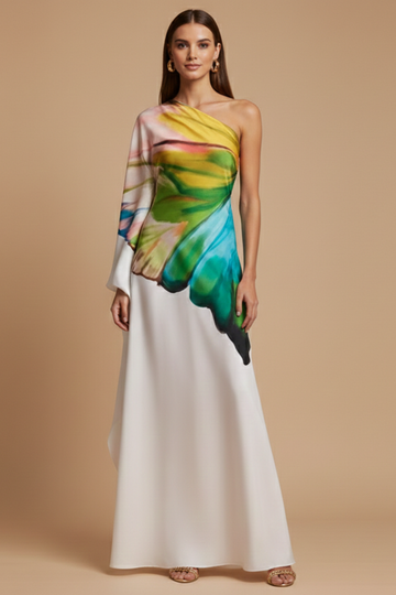 Women's One Shoulder Abstract Print Single Sleeve Maxi Dress