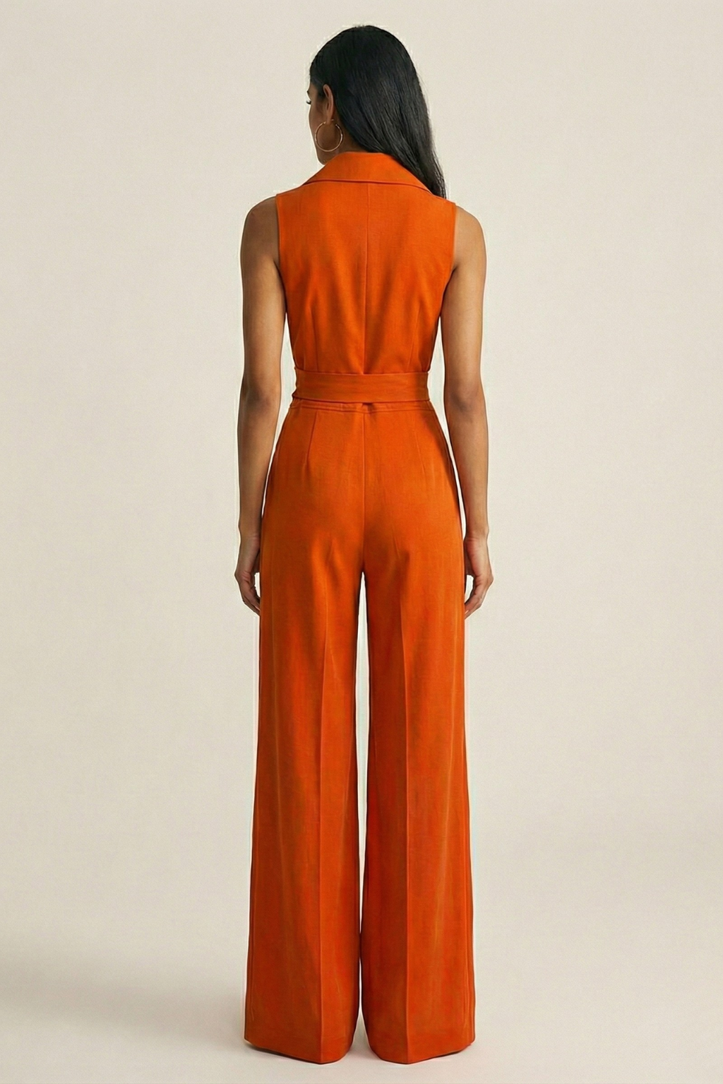 Women’s Orange Sleeveless Wide Leg Jumpsuit with Button Front and Waist Tie - Elegant City Style