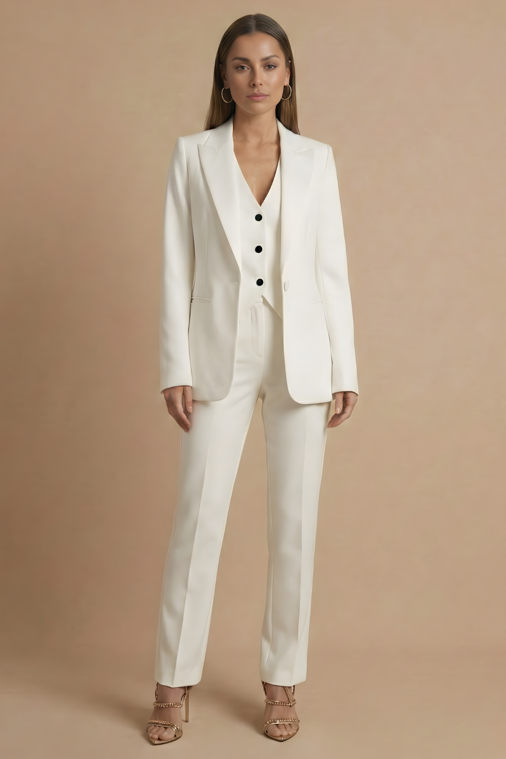 Women’s Three-Piece Tailored Suit with Single-Breasted Blazer Buttoned Waistcoat and Slim Trousers