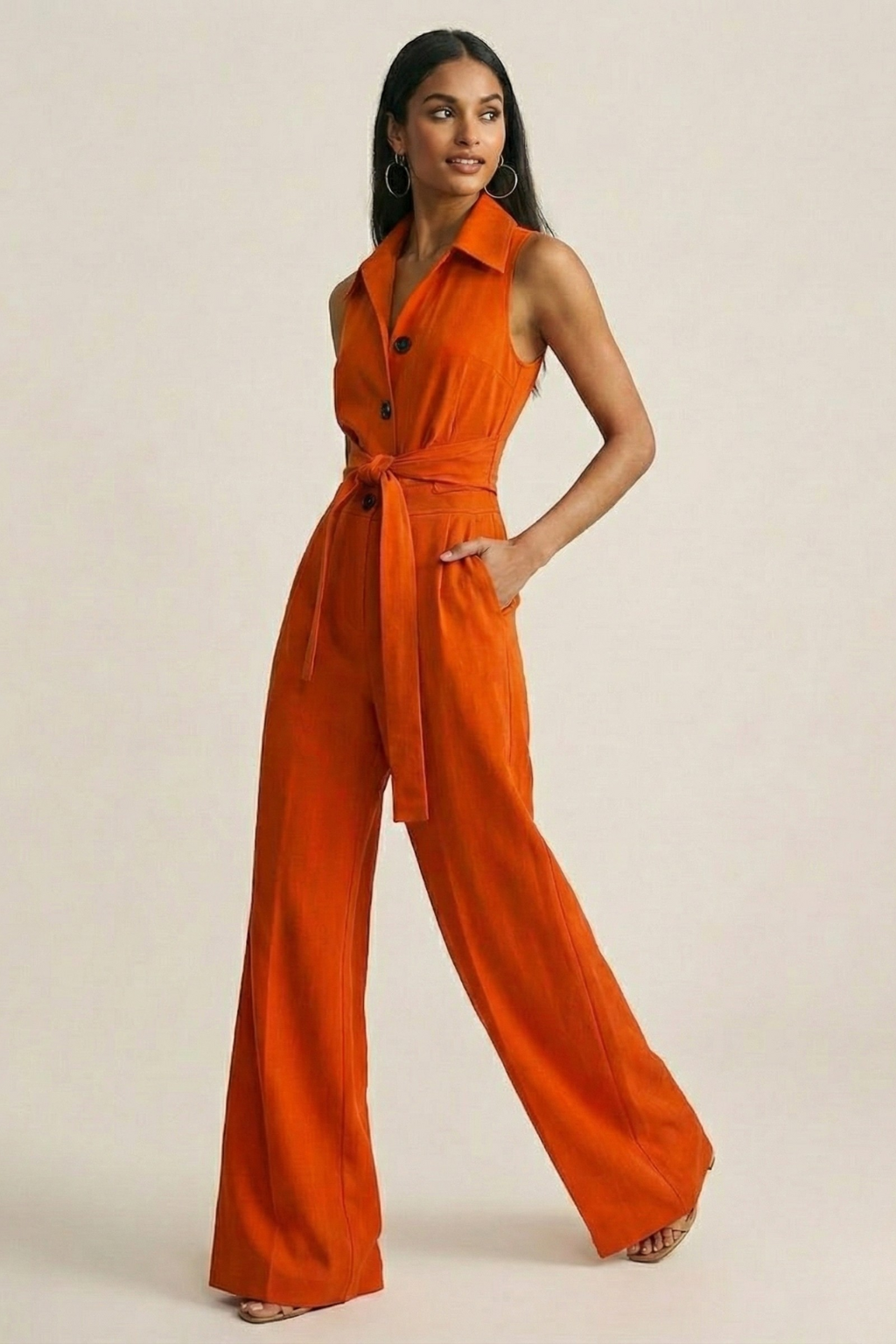 Women’s Orange Sleeveless Wide Leg Jumpsuit with Button Front and Waist Tie - Elegant City Style