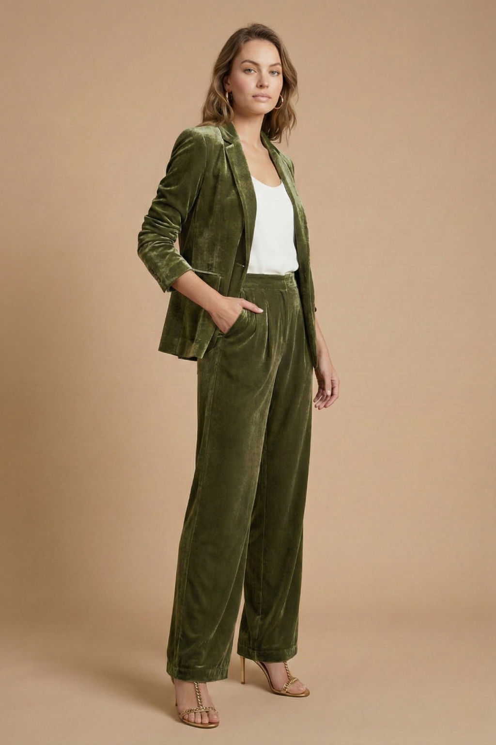 Women’s Two Piece Set with Structured Blazer and High-Waisted Wide-Leg Trousers