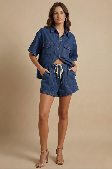 Women’s Two Piece Lounge Set with Short Sleeve Button Top and Relaxed Fit Shorts - Casual Co-ord Outfit
