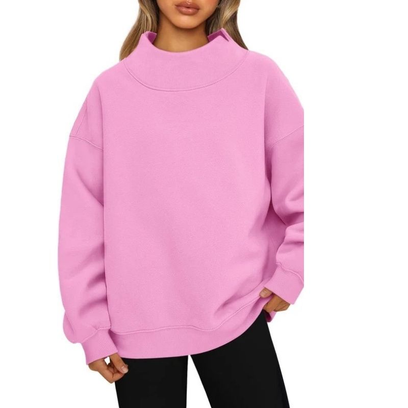 Women's Mock Neck Sweatshirt with Fleece Lining and Drop Shoulder Design, Asymmetric Slit