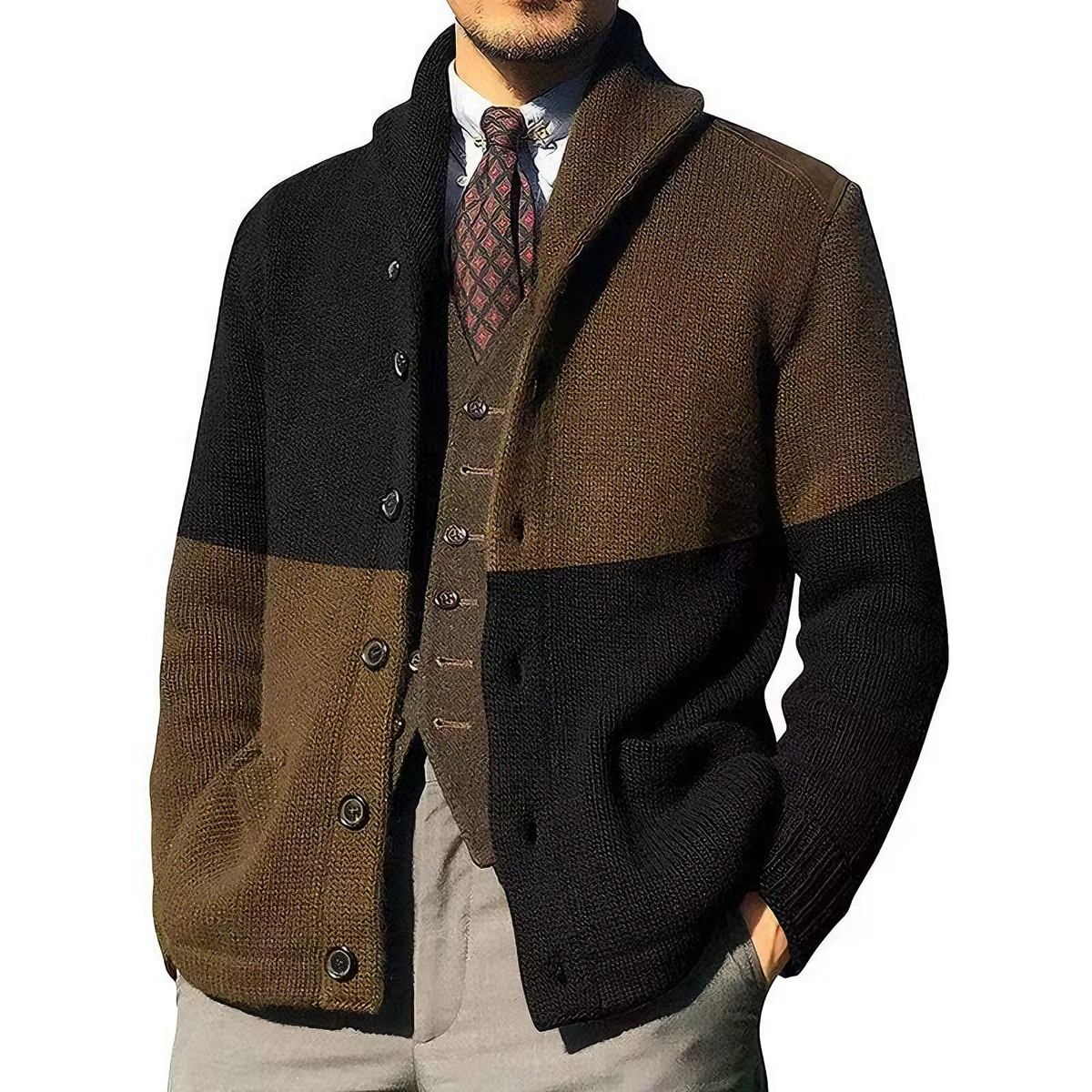 Knitted Jacket with Patchwork Color Blocking and Lapel Collar for Three Season Wear