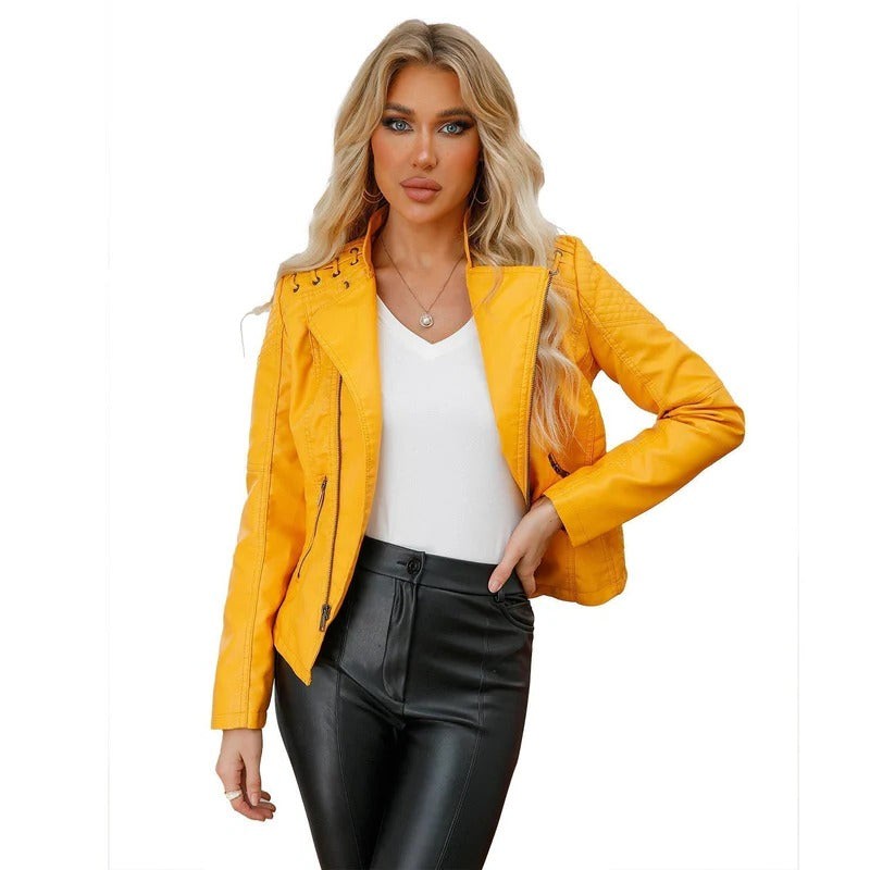 Classic Lambskin Leather Jacket for Women with Full Zip Closure and Pockets