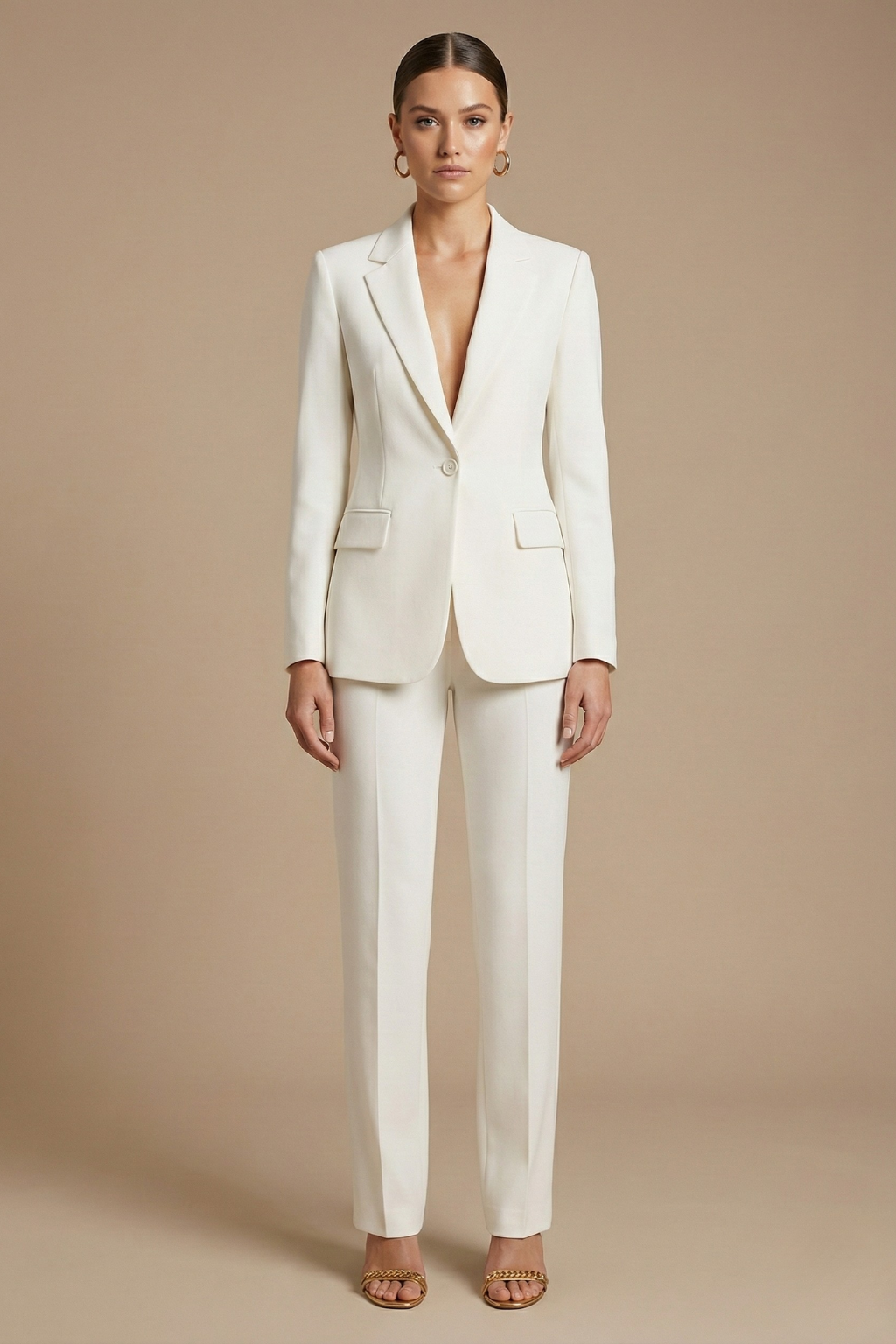 Women’s Tailored Two Piece Suit Set with Long Blazer and Straight Leg Trousers - Elegant Formal Style
