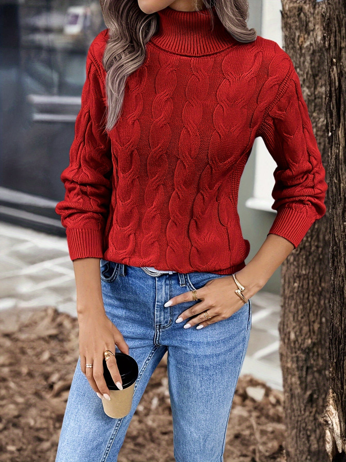 Turtleneck Sweater with Cable Knit Pattern and Relaxed Fit, Full Length Sleeves