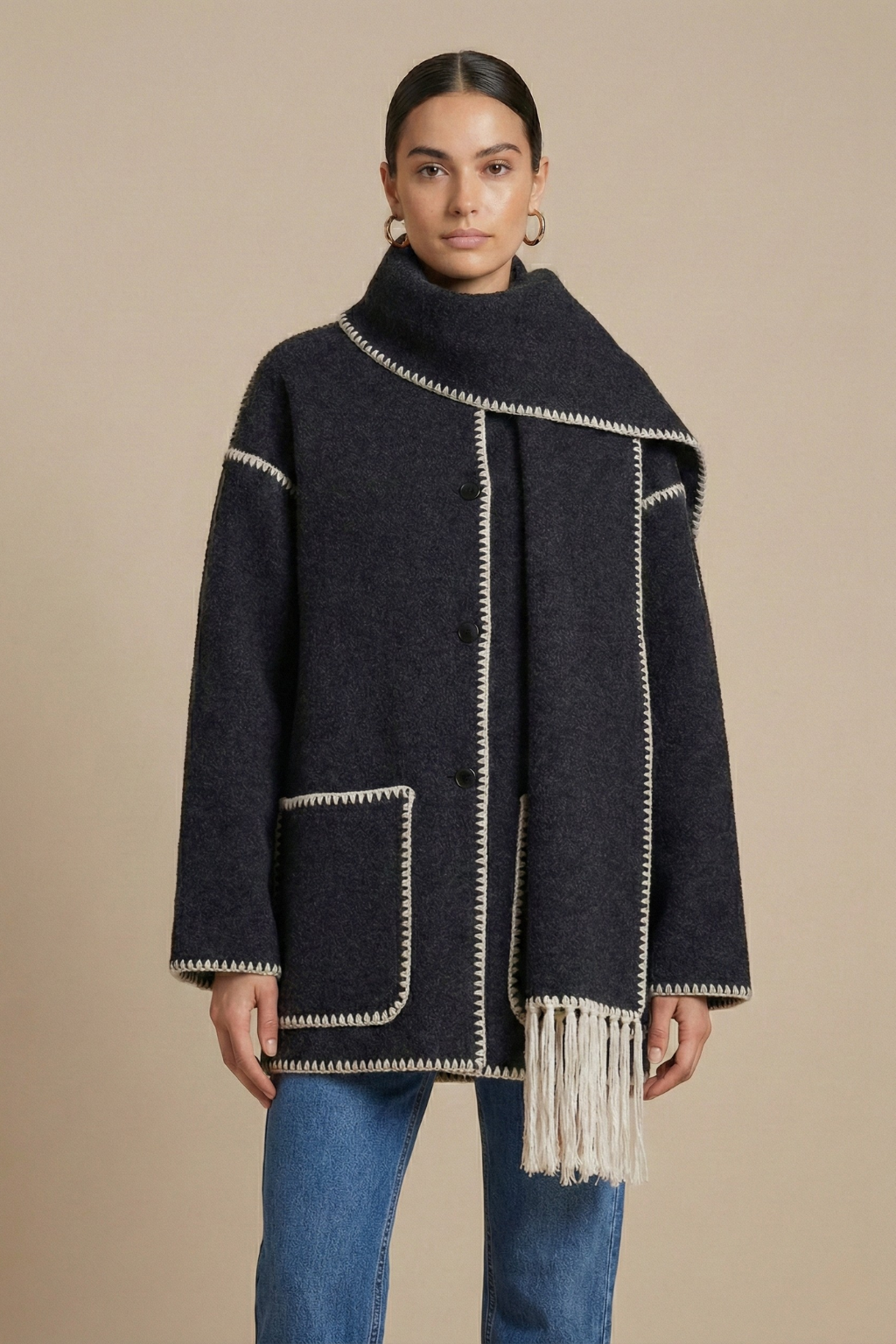 Women’s Open Front Scarf Coat with Fringe Hem Patch Pockets and Contrast Trim