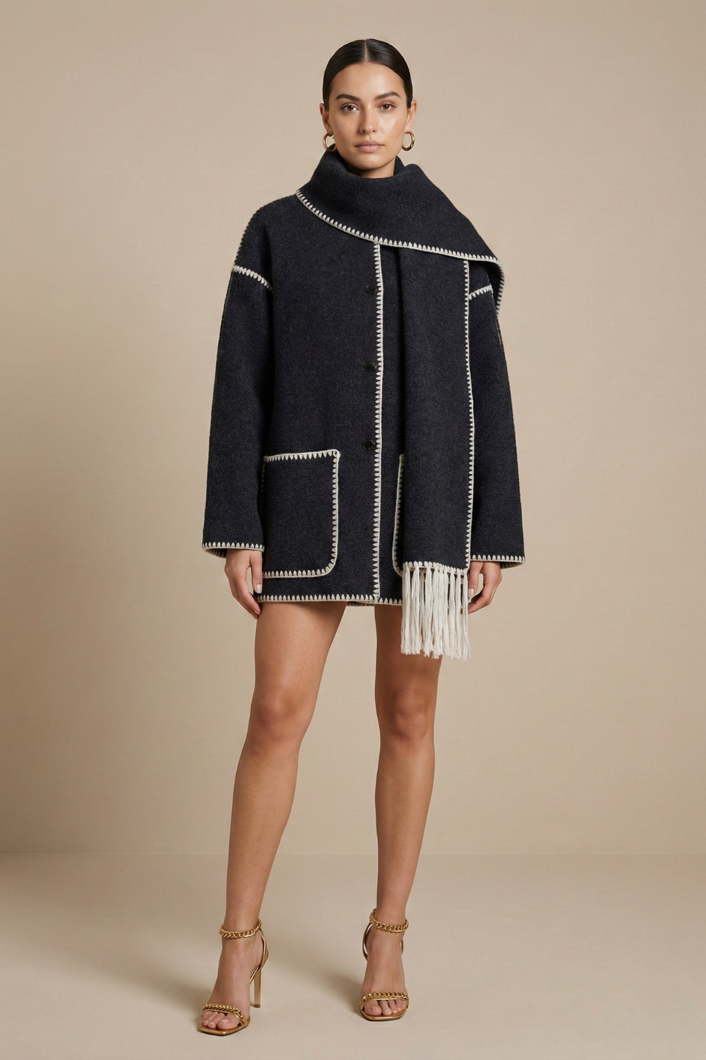 Women’s Open Front Scarf Coat with Fringe Hem Patch Pockets and Contrast Trim