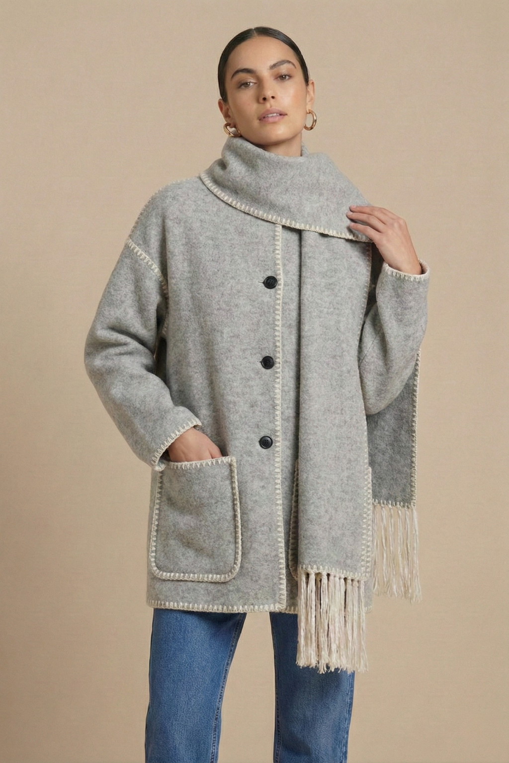 Women’s Open Front Scarf Coat with Fringe Hem Patch Pockets and Contrast Trim