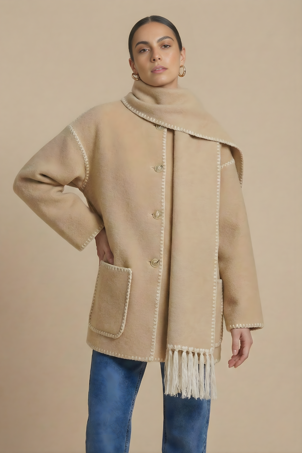 Women’s Open Front Scarf Coat with Fringe Hem Patch Pockets and Contrast Trim