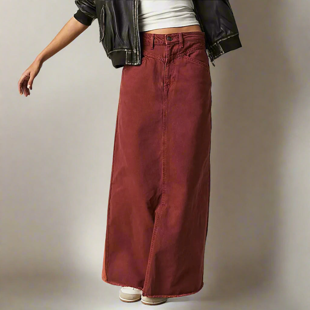 Women's High Waist Straight Denim Maxi Skirt with Raw Hem