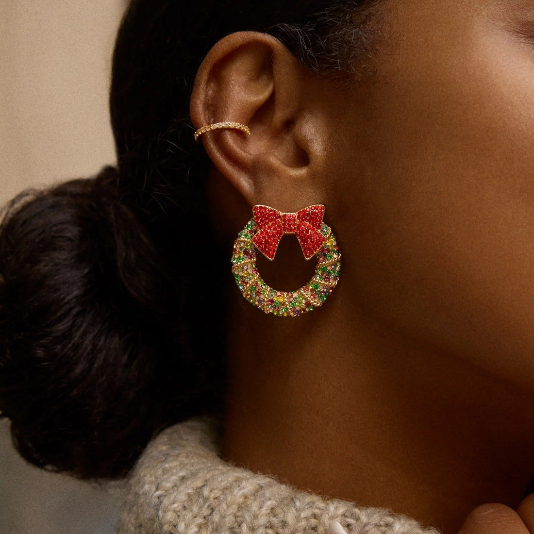Holiday Wreath Stud Earrings with Multicolored Lights and Pave Sparkle