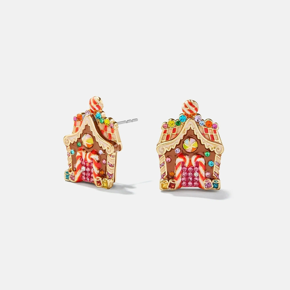 Gingerbread House Stud Earrings with Crystal Accents and Enamel Finish
