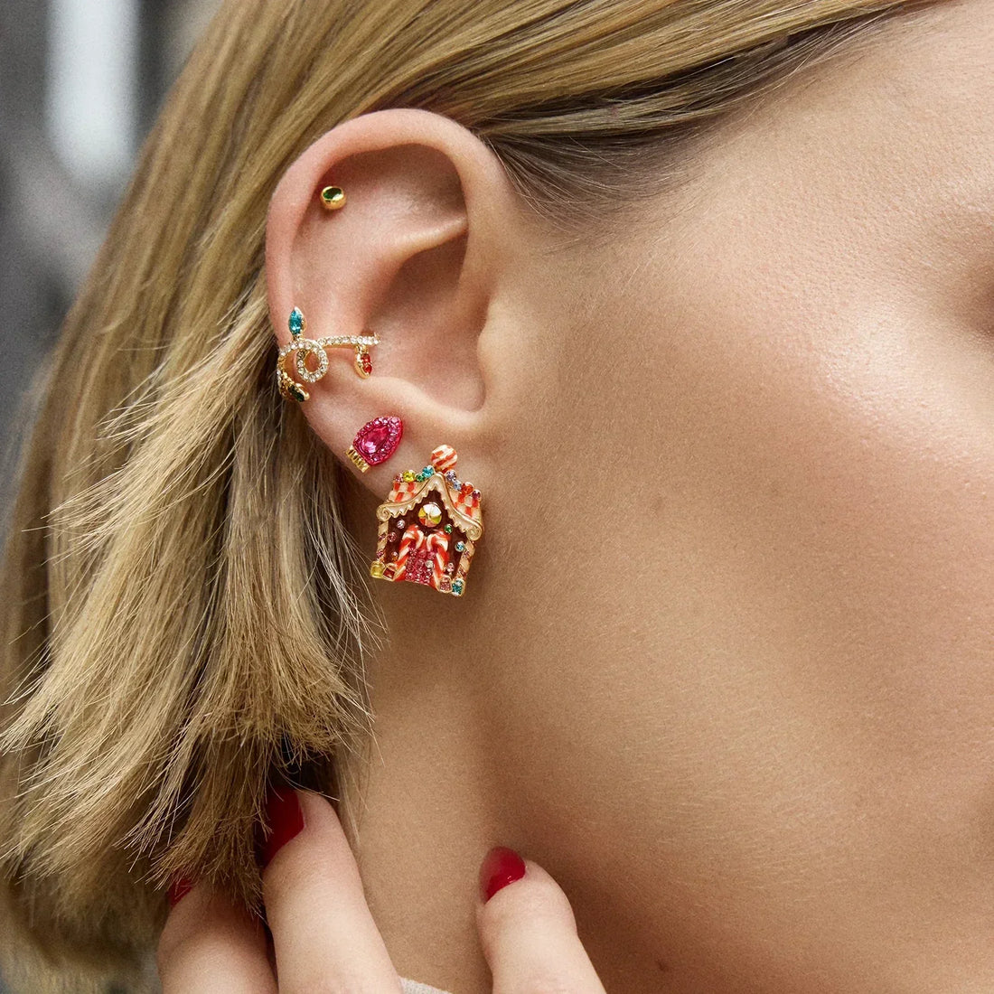 Cartilage Ear Cuff with Holiday Light Glass Stones and Adjustable Clip