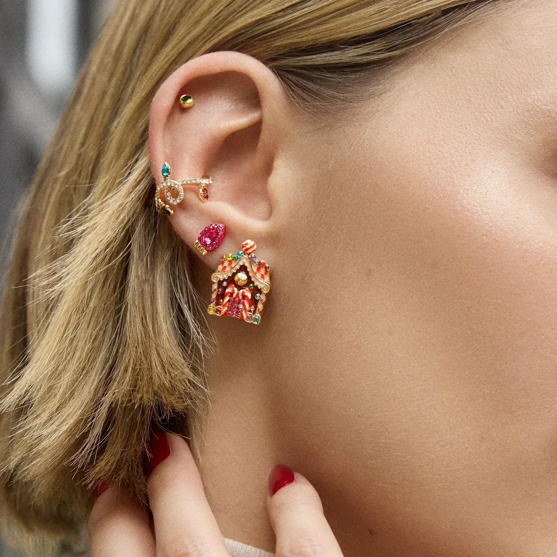 Gingerbread House Stud Earrings with Crystal Accents and Enamel Finish