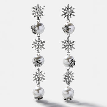 Snowflake Pearl Drop Earrings with Crystal Pavé and Post Back