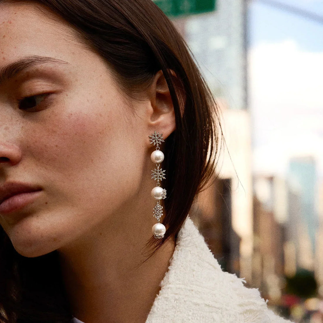 Snowflake Pearl Drop Earrings with Crystal Pavé and Post Back