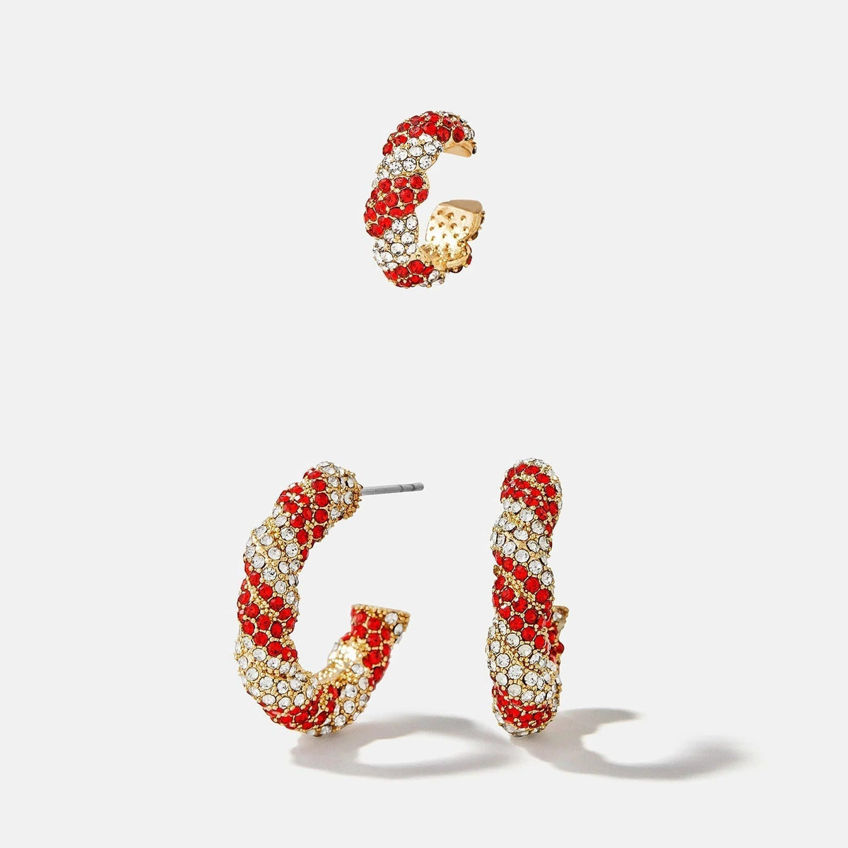 Three-Piece Candy Cane Earring Set with Crystal Details and Adjustable Cuff
