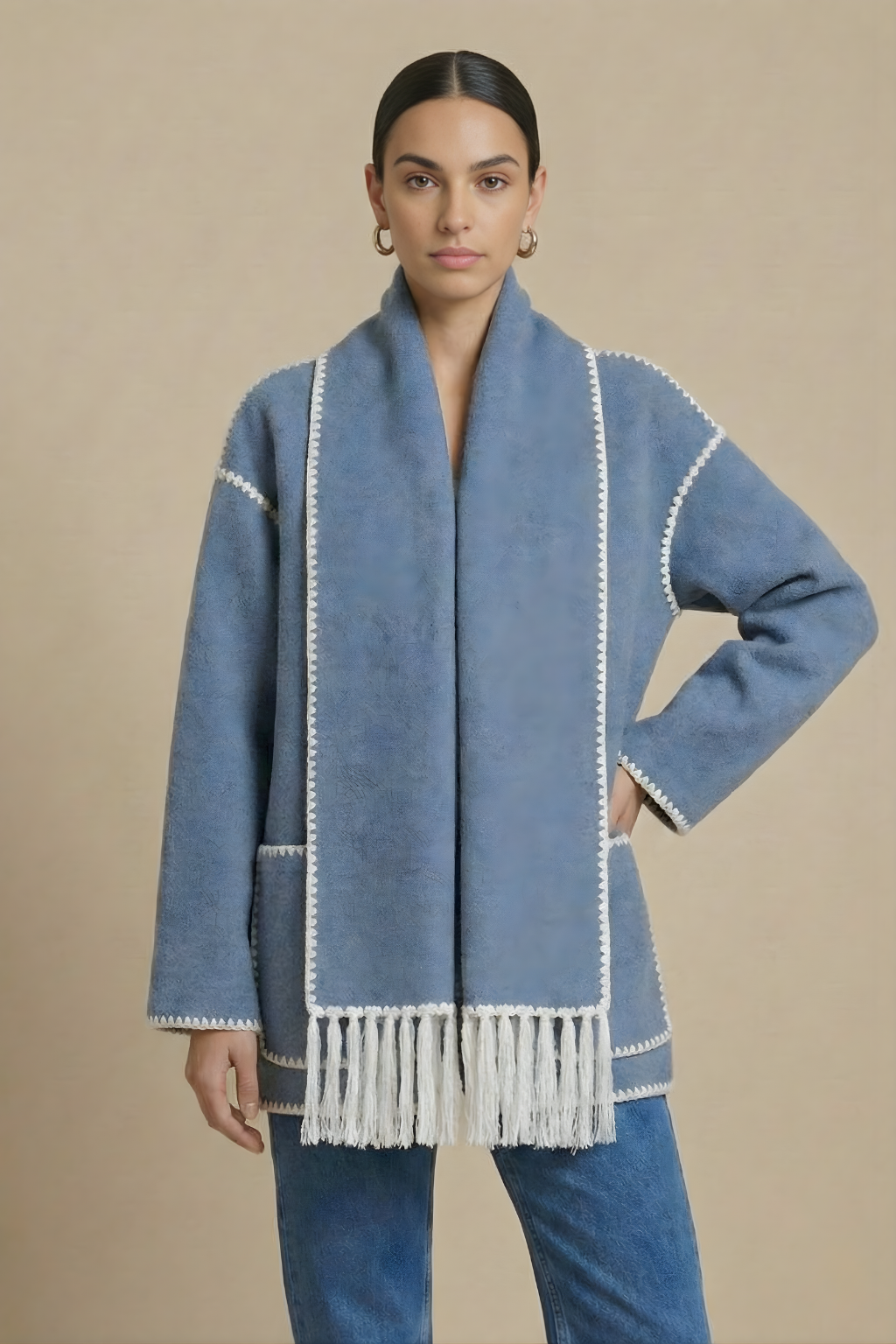 Women’s Open Front Scarf Coat with Fringe Hem Patch Pockets and Contrast Trim