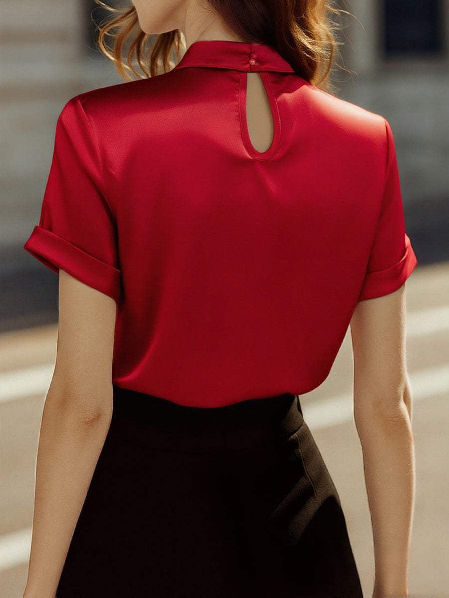 Women’s Satin Blouse with Modern Keyhole Neckline - Short Sleeves - Refined Work-to-Evening Top
