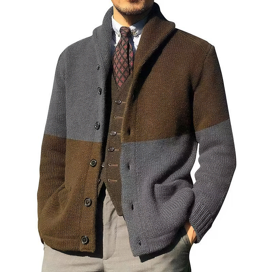 Knitted Jacket with Patchwork Color Blocking and Lapel Collar for Three Season Wear