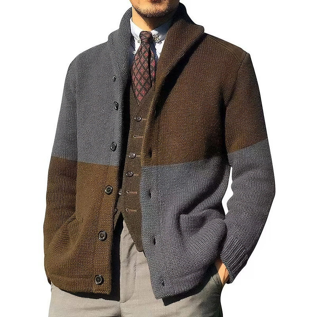 Knitted Jacket with Patchwork Color Blocking and Lapel Collar for Three Season Wear