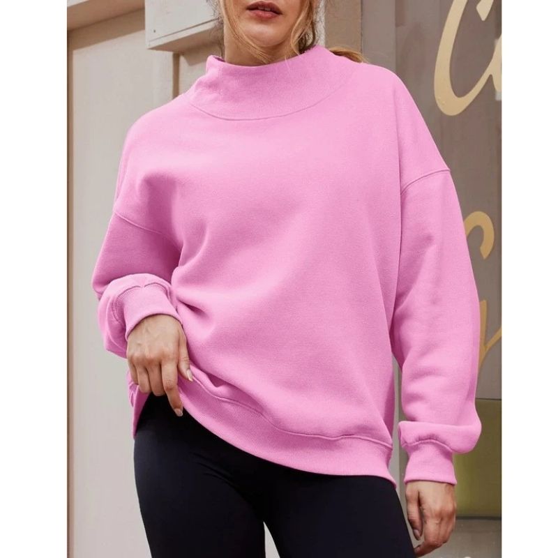 Women's Mock Neck Sweatshirt with Fleece Lining and Drop Shoulder Design, Asymmetric Slit