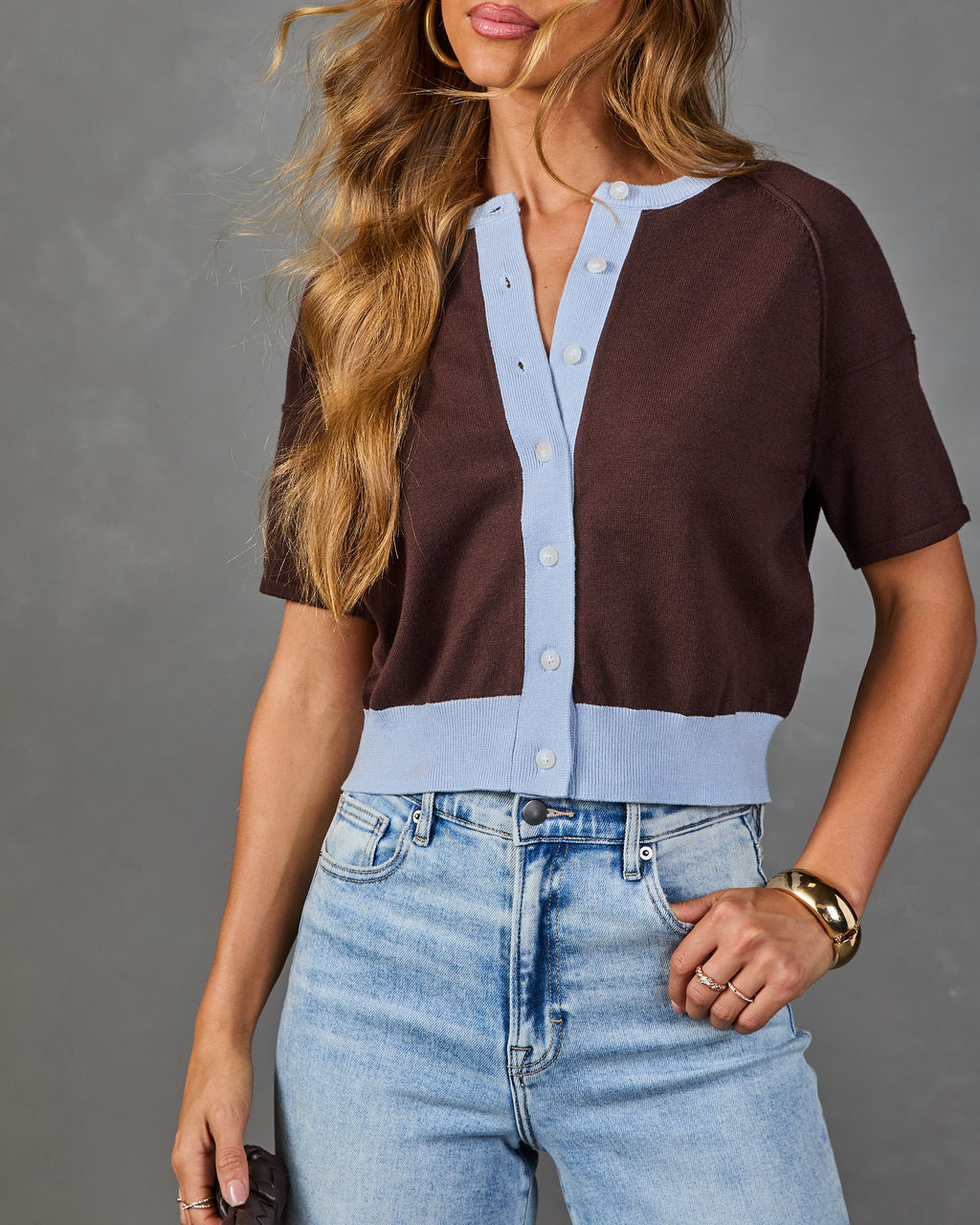 Color Block Cardigan with Stretch Jersey Knit and Raised Trim Detail