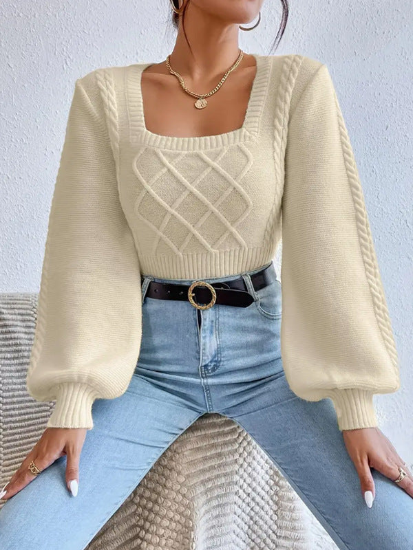 Women's Cropped Sweater with Square Collar and Cable Knit Panel, Balloon Sleeves
