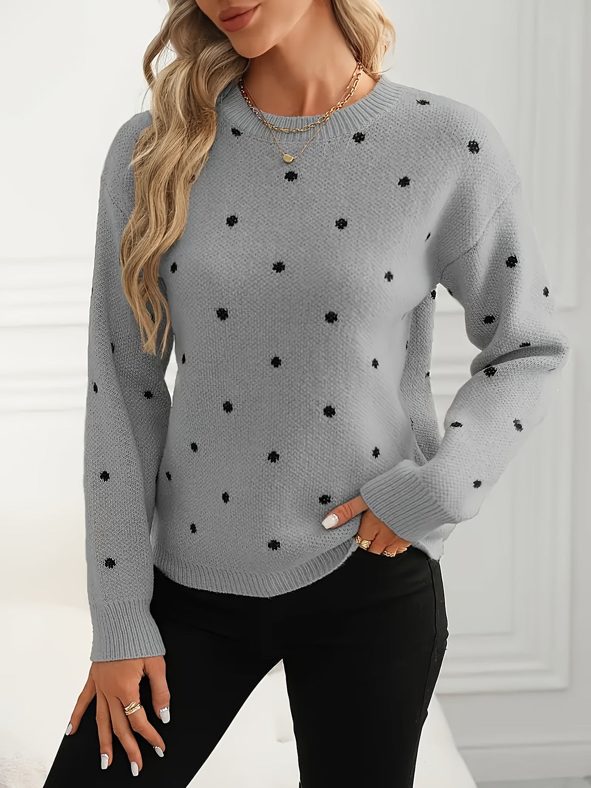 Polka Dot Crew Neck Sweater with Light Stretch and Ribbed Cuffs, Relaxed Fit