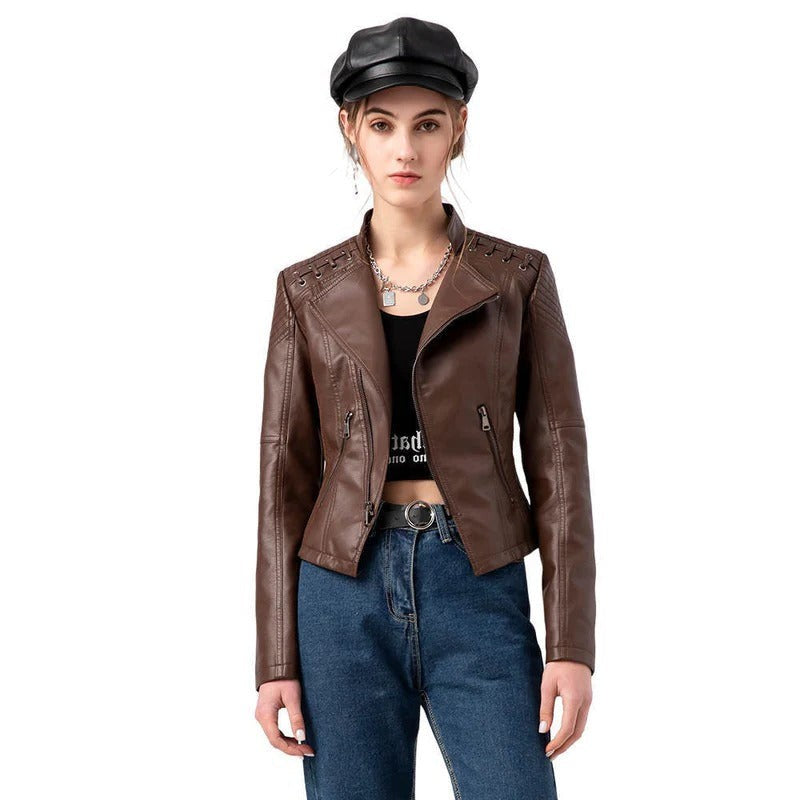 Classic Lambskin Leather Jacket for Women with Full Zip Closure and Pockets