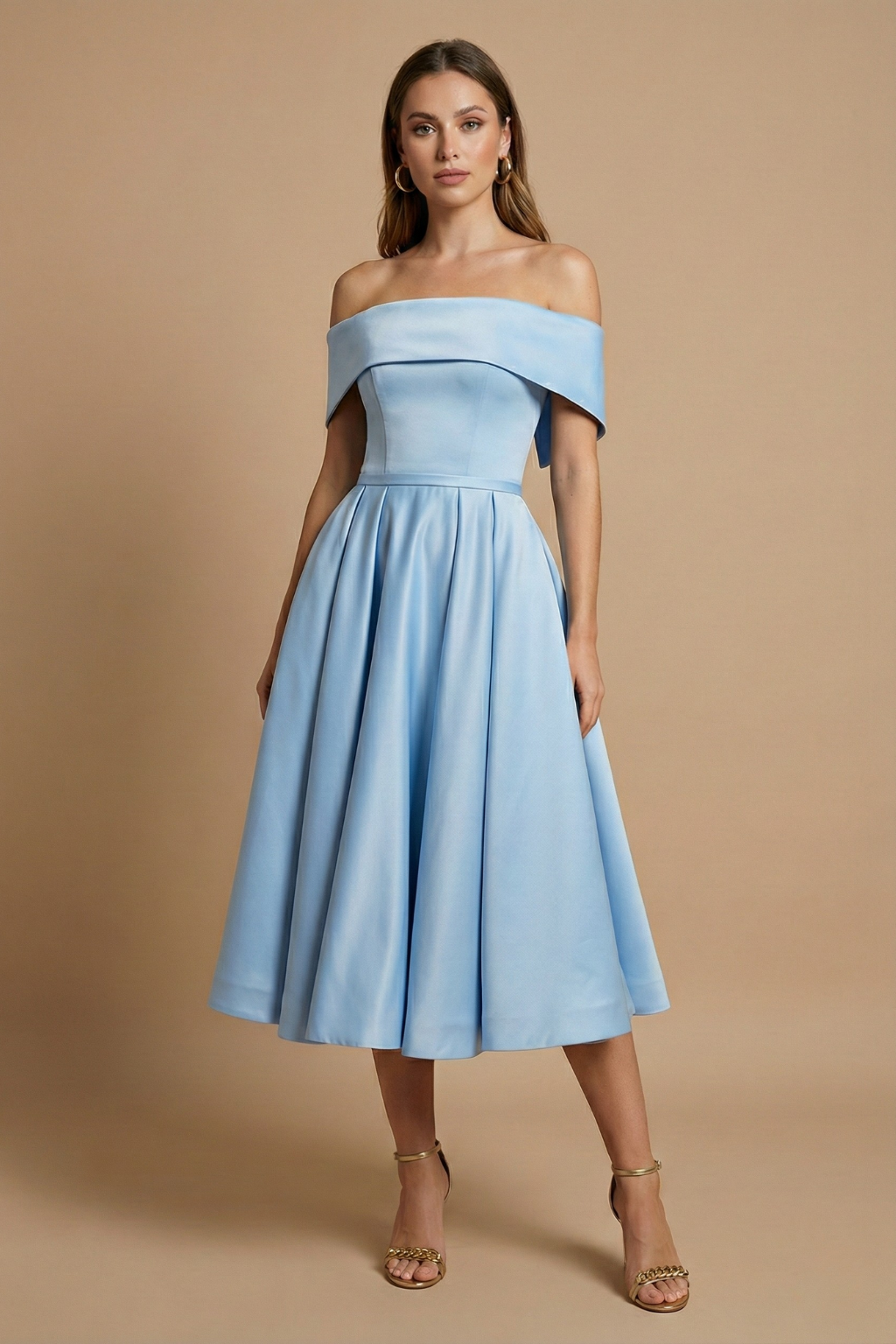 Women’s Off-the-Shoulder Midi Dress with Structured Bodice and Full Skirt