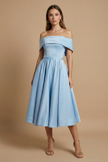 Women’s Off-the-Shoulder Midi Dress with Structured Bodice and Full Skirt
