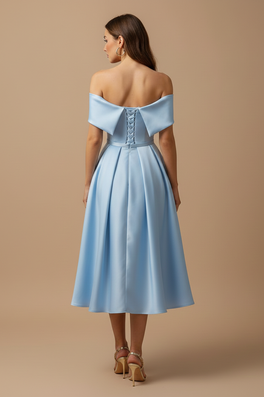 Women’s Off-the-Shoulder Midi Dress with Structured Bodice and Full Skirt