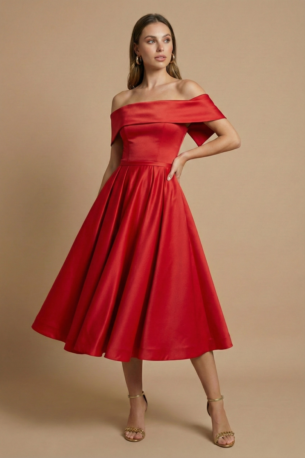 Women’s Off-the-Shoulder Midi Dress with Structured Bodice and Full Skirt