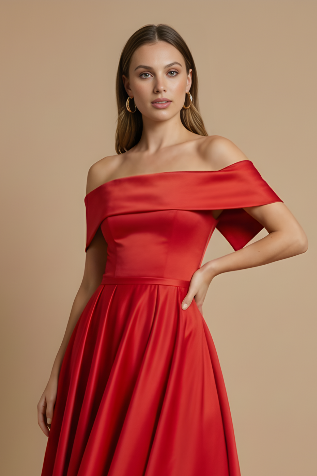 Women’s Off-the-Shoulder Midi Dress with Structured Bodice and Full Skirt