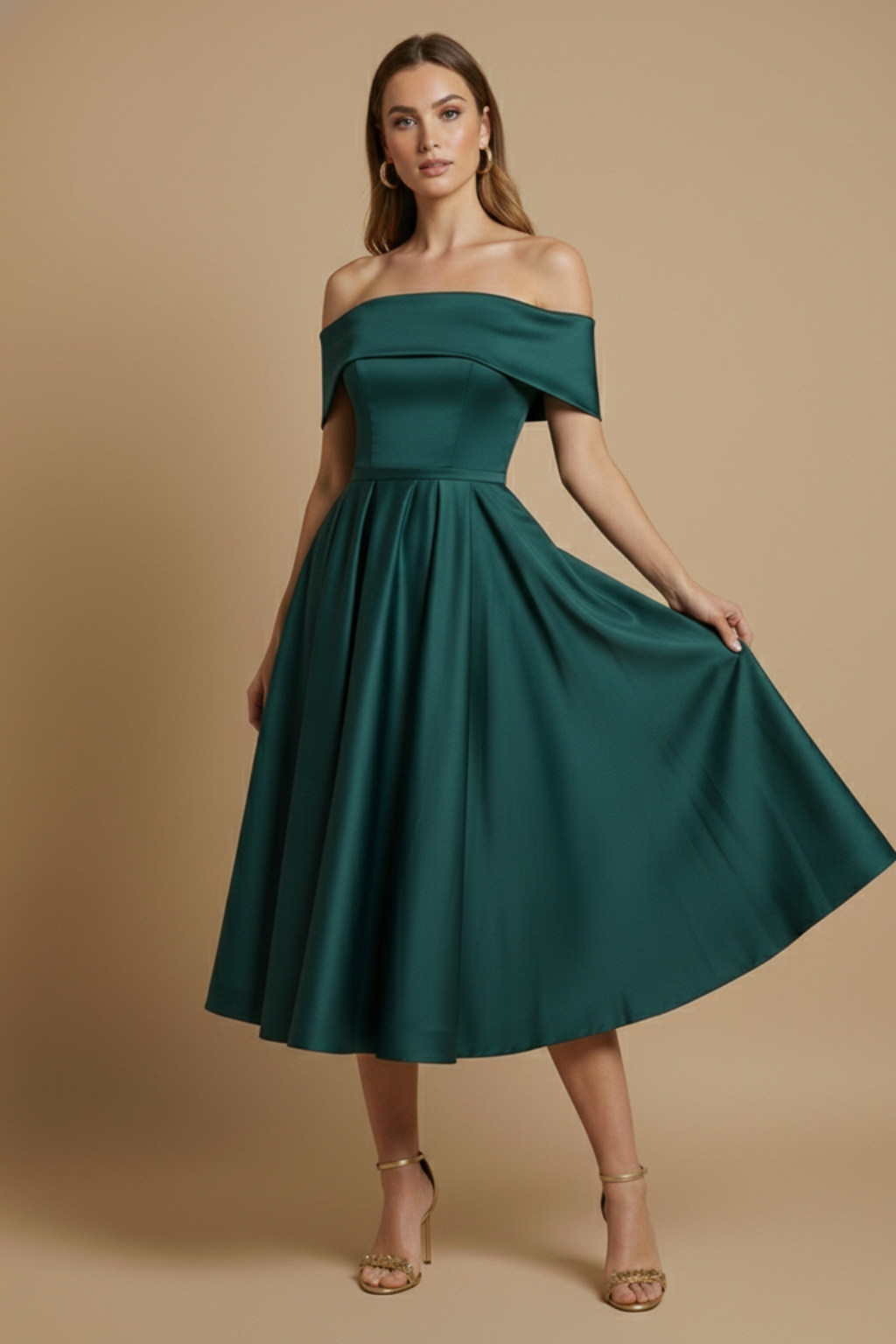 Women’s Off-the-Shoulder Midi Dress with Structured Bodice and Full Skirt