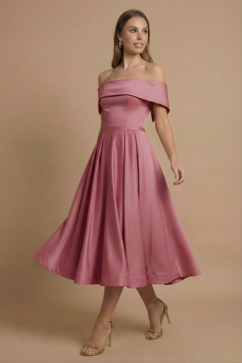 Women’s Off-the-Shoulder Midi Dress with Structured Bodice and Full Skirt