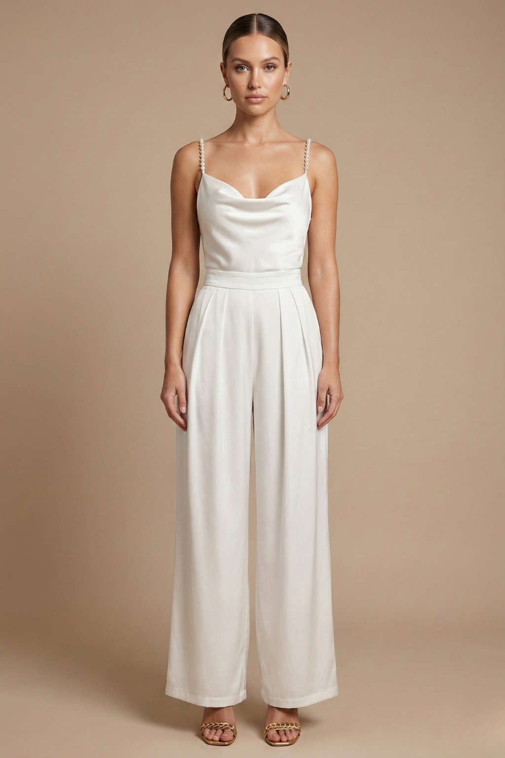 Women’s Halter Neck Wide Leg Jumpsuit with Deep V Front and Elegant Evening Silhouette