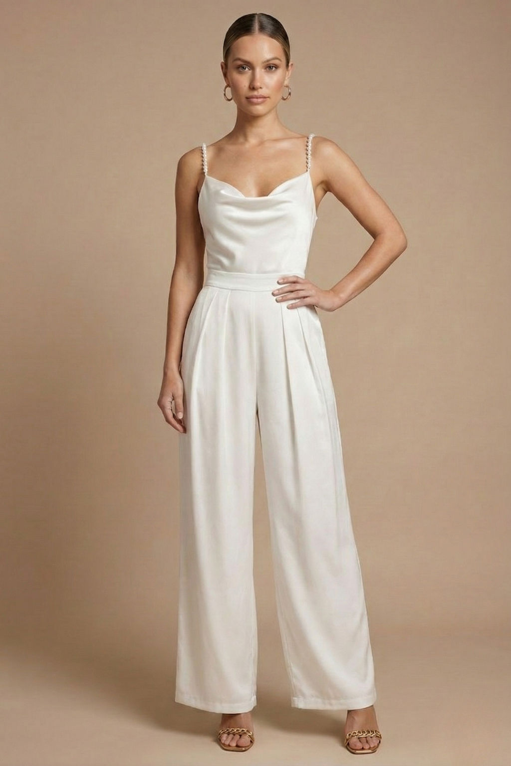 Women’s Halter Neck Wide Leg Jumpsuit with Deep V Front and Elegant Evening Silhouette