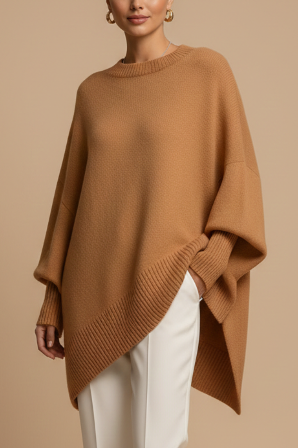 Women’s Oversized Sweater with Crew Neck Drop Shoulders and Ribbed Trim