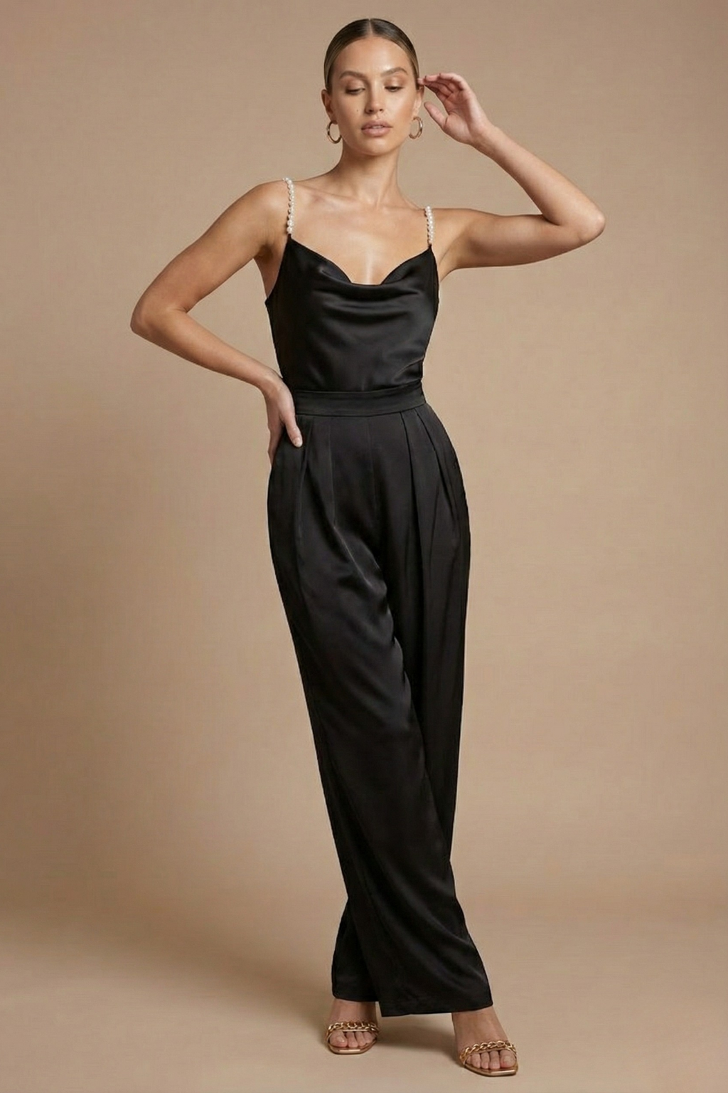 Women’s Halter Neck Wide Leg Jumpsuit with Deep V Front and Elegant Evening Silhouette