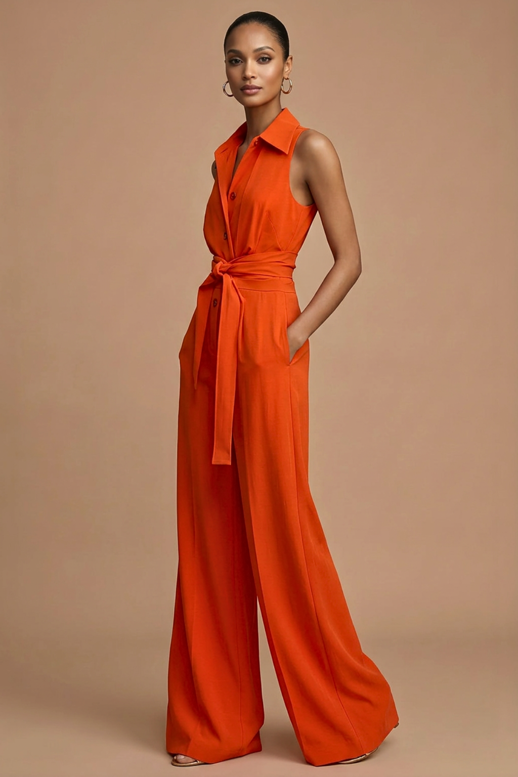 Combinaison orange femme sans manches à jambes larges avec boutons sur le devant et ceinture à la taille - Style urbain élégant