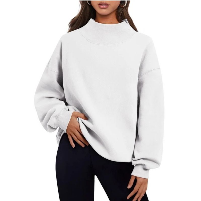 Women's Mock Neck Sweatshirt with Fleece Lining and Drop Shoulder Design, Asymmetric Slit