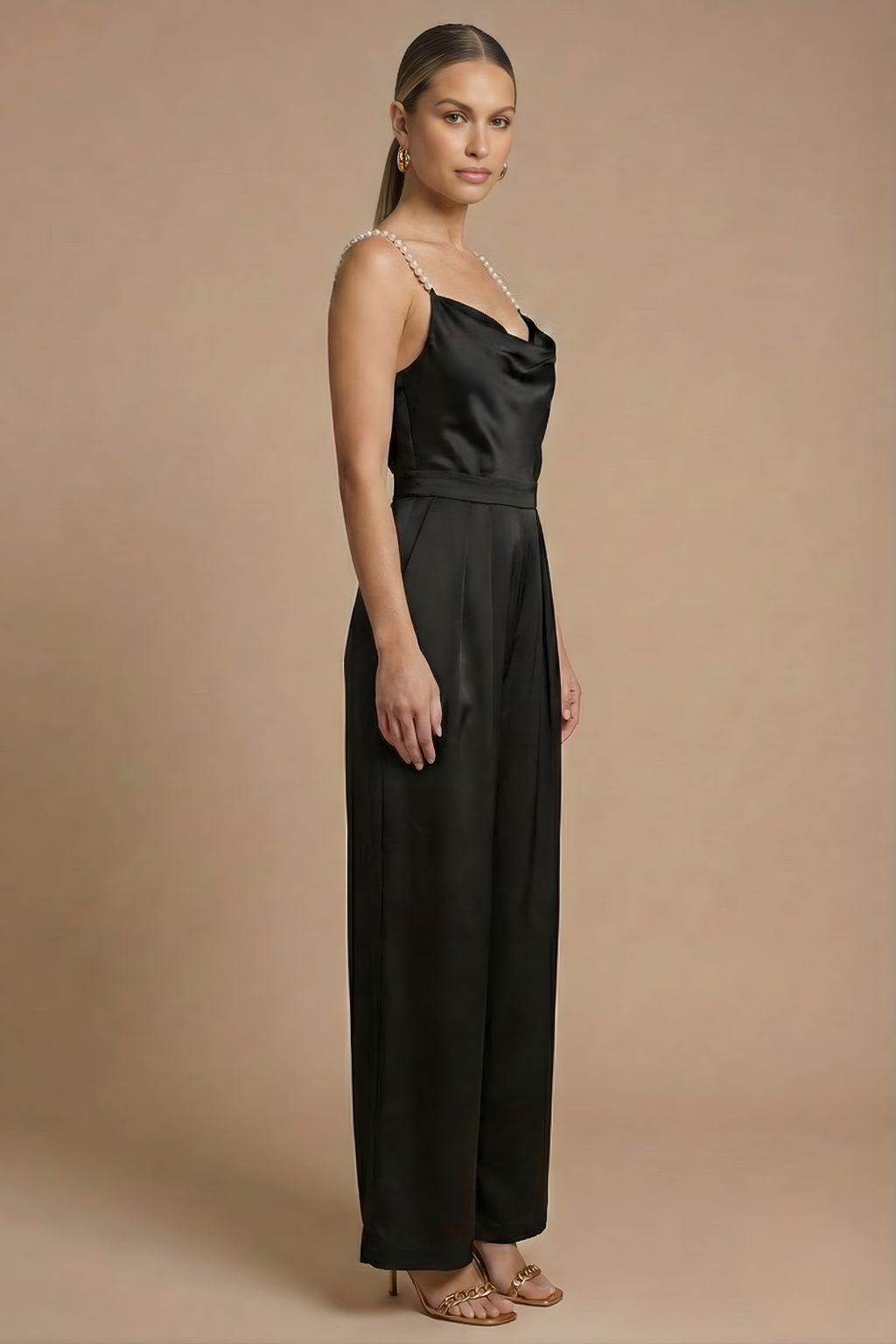 Women’s Halter Neck Wide Leg Jumpsuit with Deep V Front and Elegant Evening Silhouette