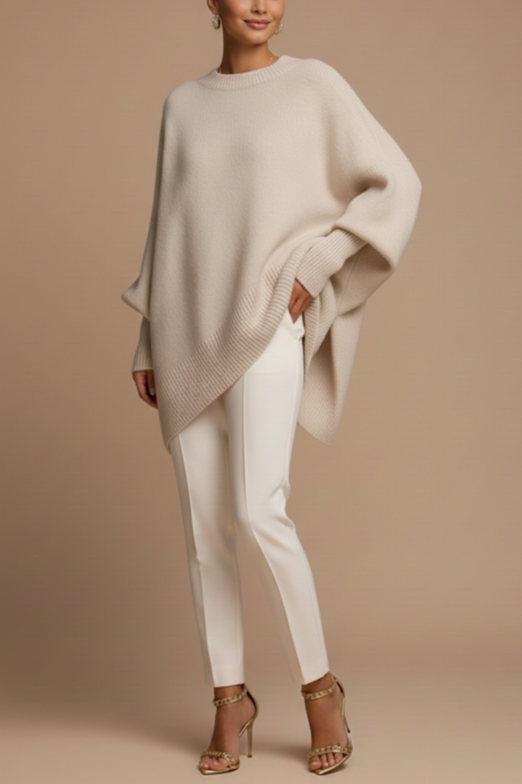 Women’s Oversized Sweater with Crew Neck Drop Shoulders and Ribbed Trim