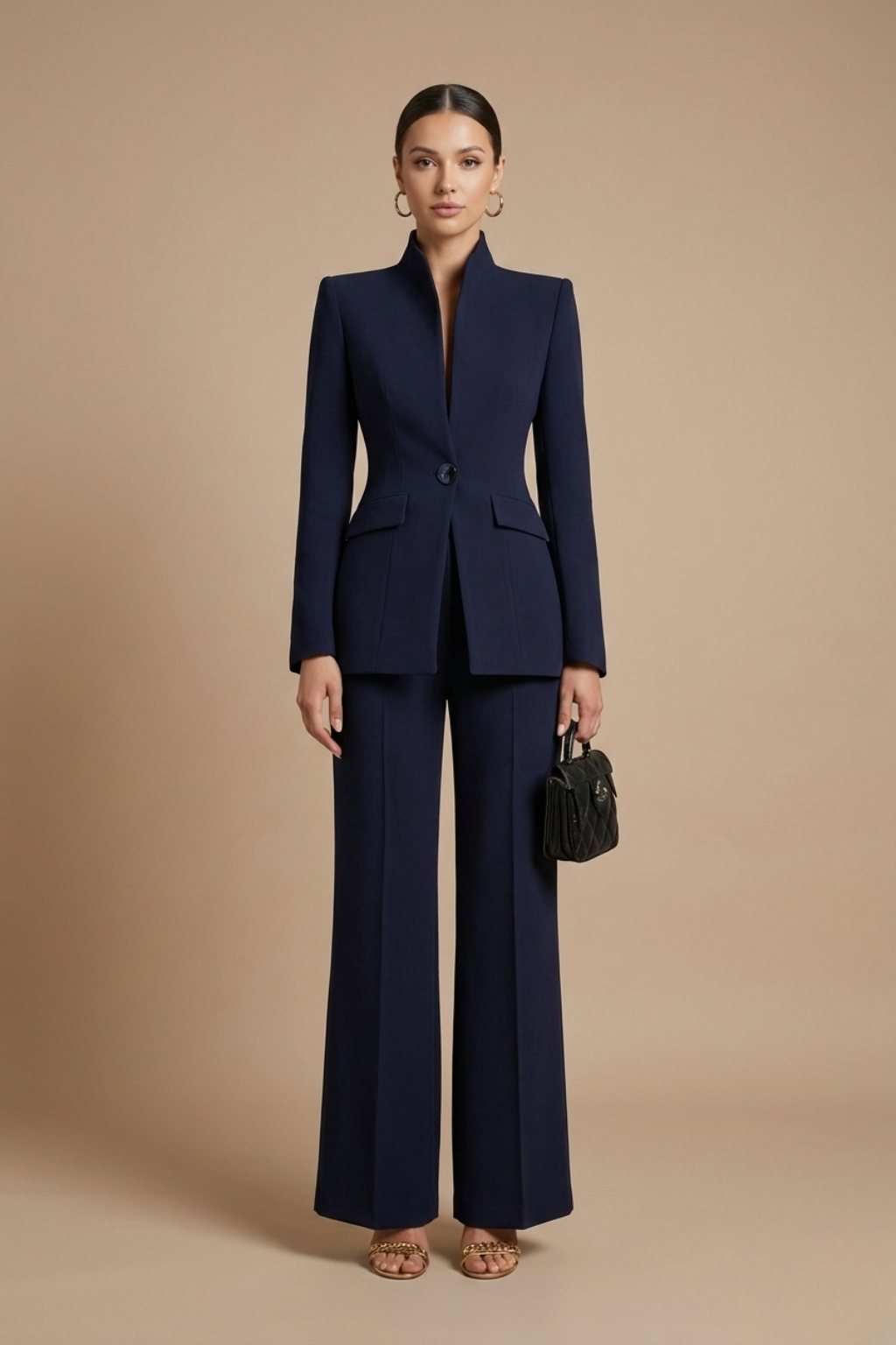 Two-Piece Suit Set - Sophisticated High-Collar Blazer & Wide-Leg Trousers Set