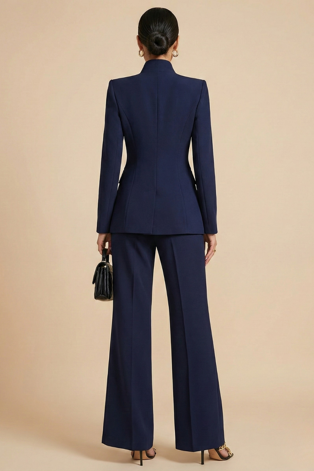 Two-Piece Suit Set - Sophisticated High-Collar Blazer & Wide-Leg Trousers Set